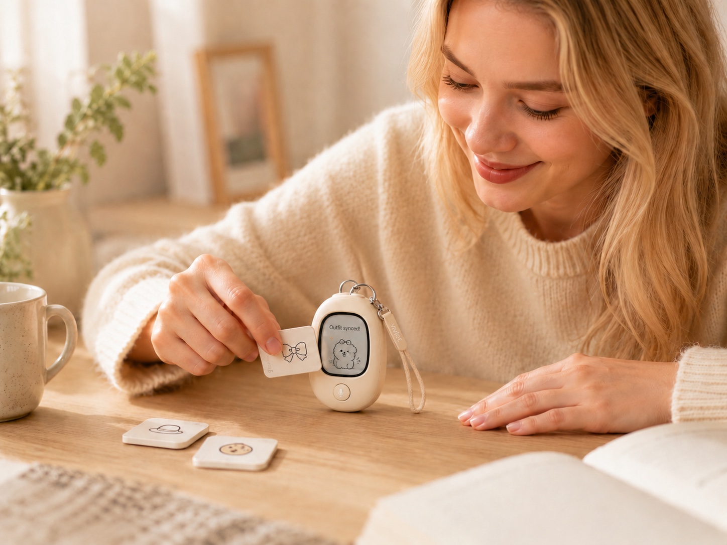 A white woman tapping an NFC outfit card to Vivlet so the pet changes outfit.