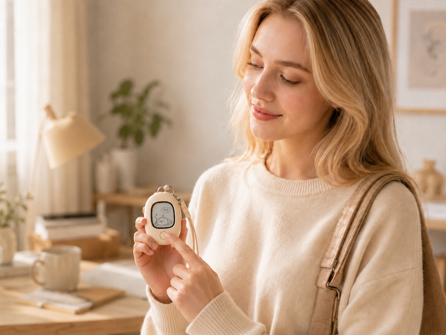 A white woman tapping Vivlet to check what the E-Ink pet is doing.
