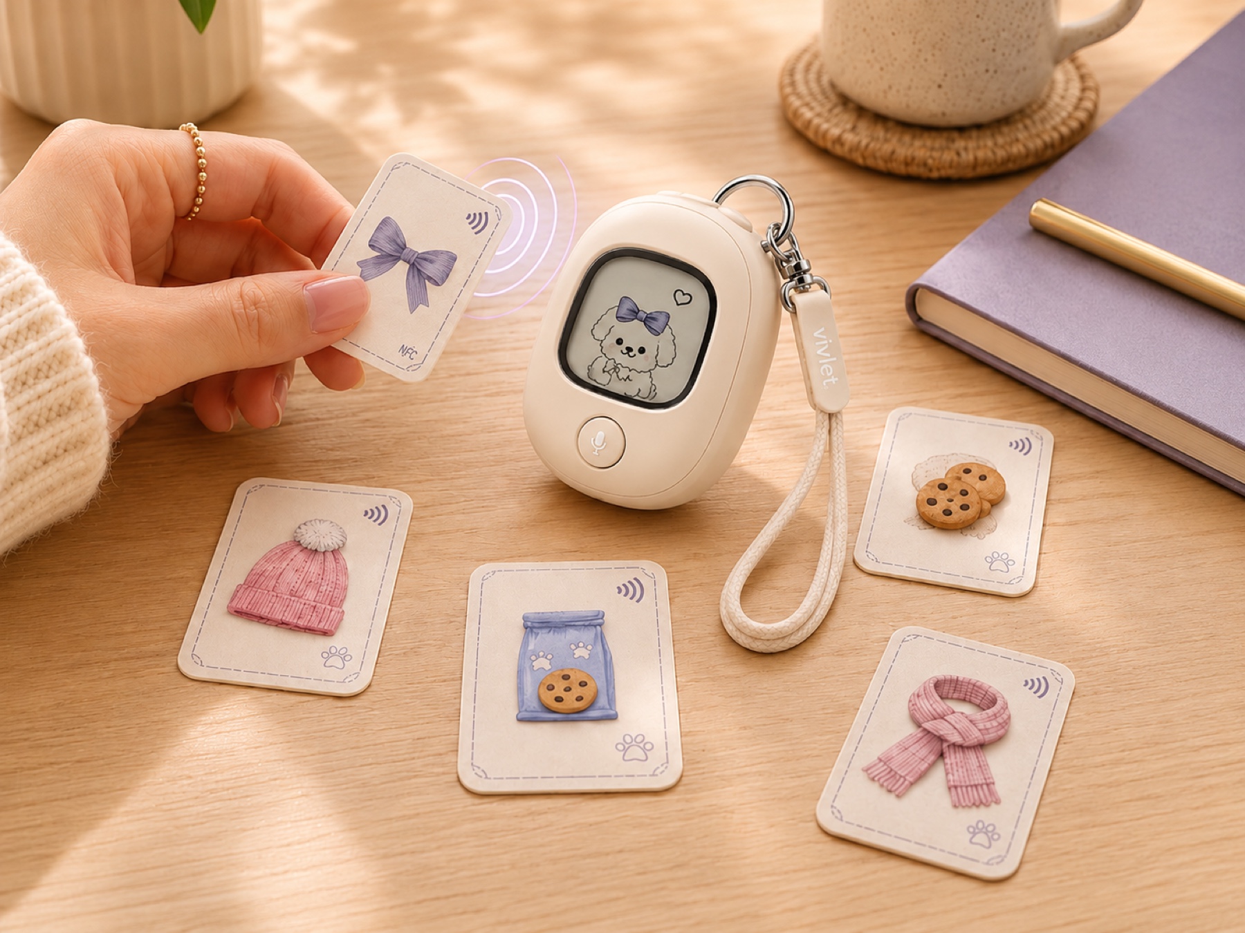 A white woman tapping a bow NFC outfit card near Vivlet so the E-Ink pet wears the bow.