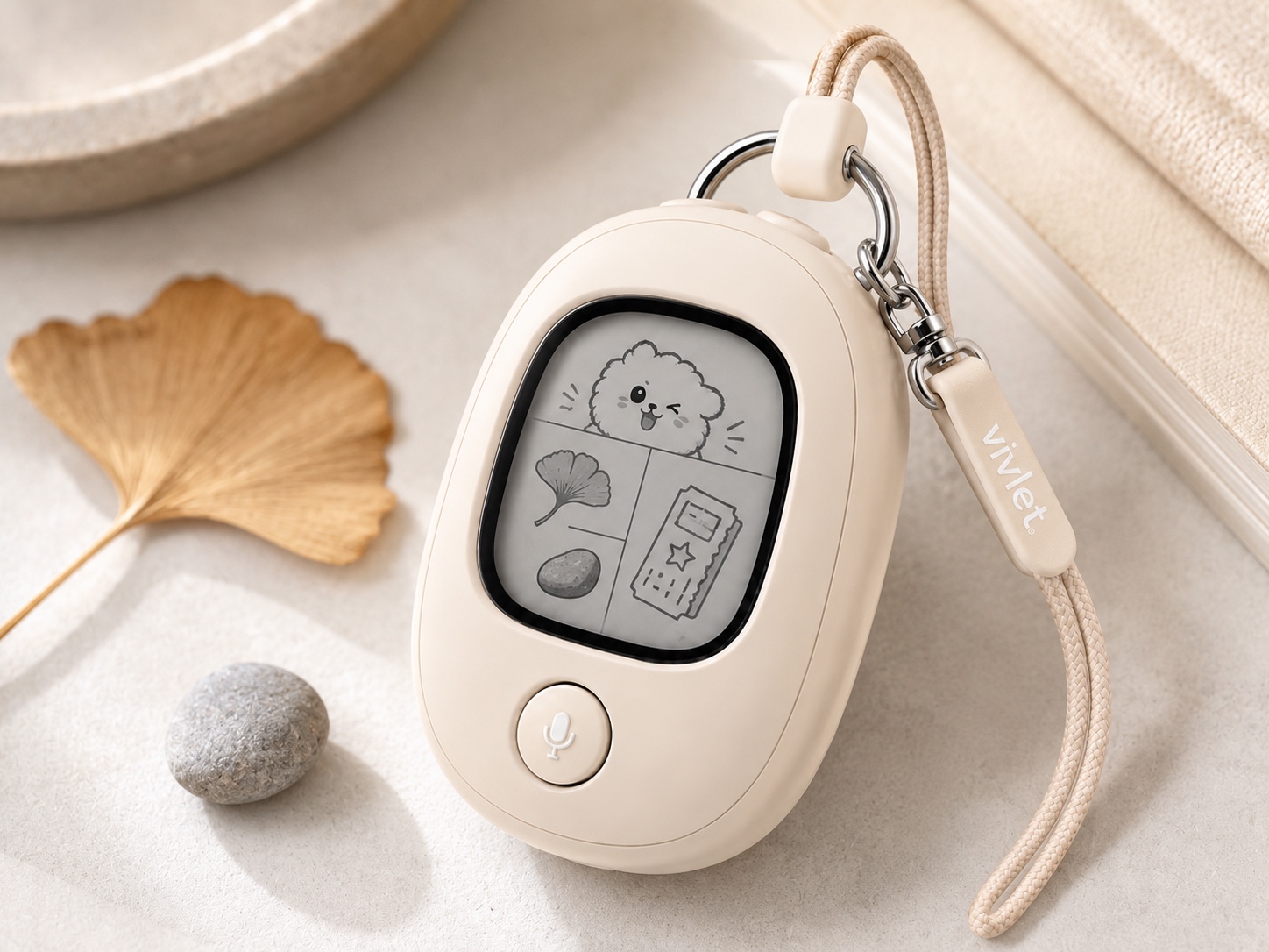 Vivlet showing a shelf of tiny collected keepsakes on its E-Ink screen.