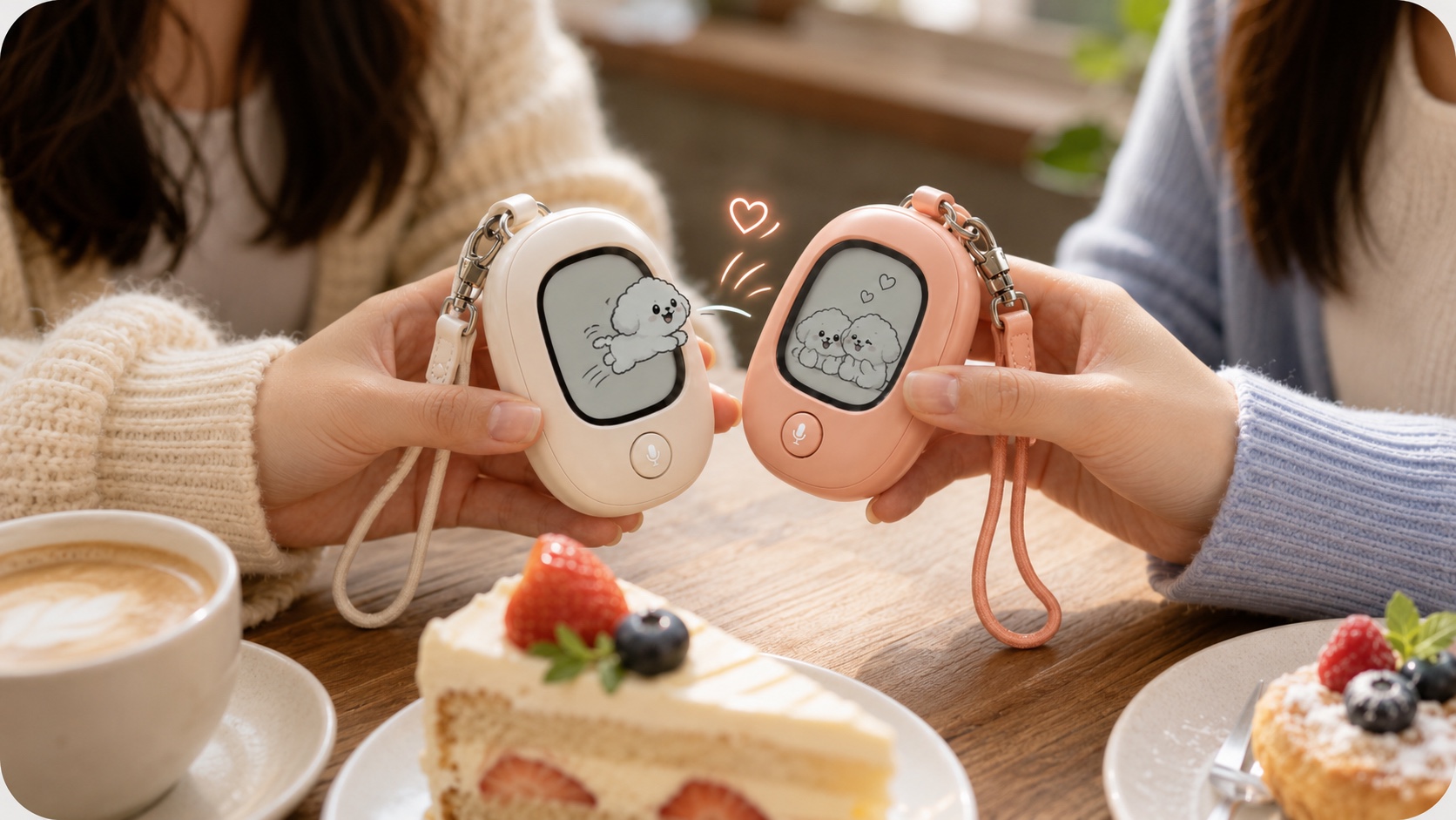 Two Vivlet devices at a cafe as their E-Ink pets interact on screen.