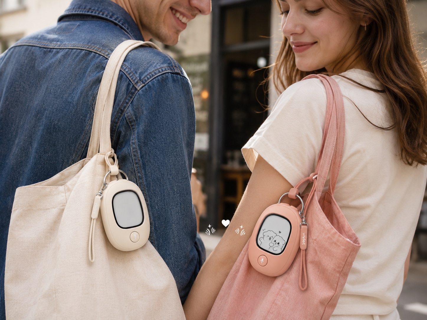 Two people carrying Vivlet devices as the pets notice each other.