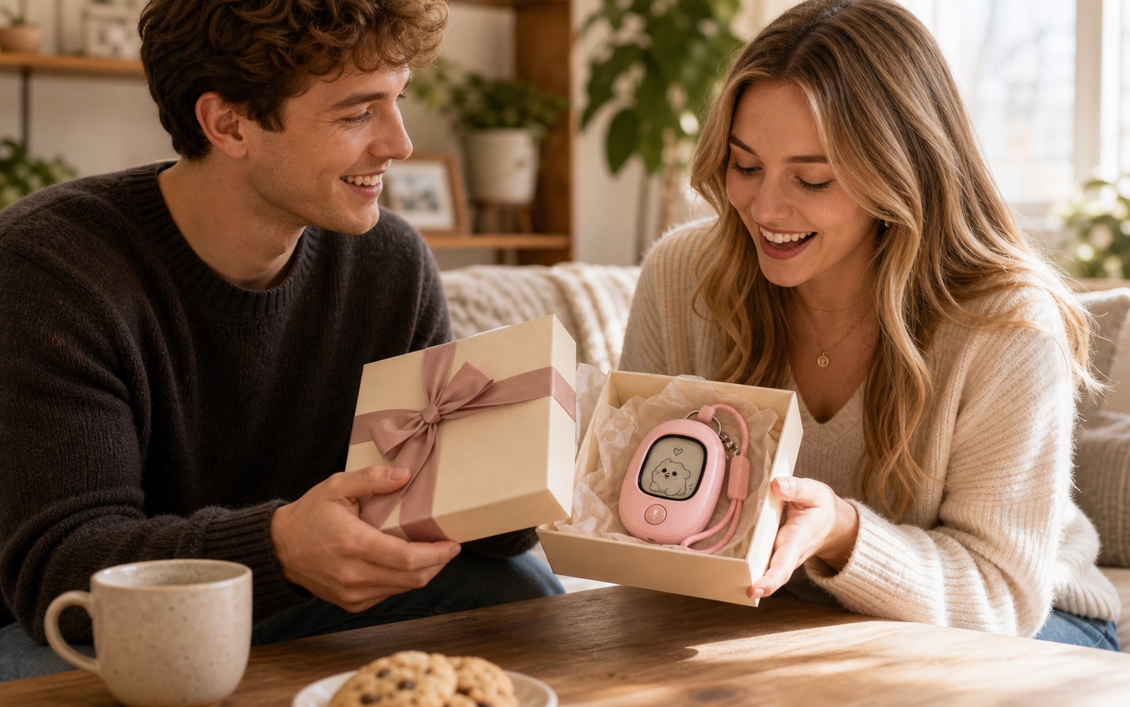 A white man giving a boxed Vivlet gift to a smiling white woman.